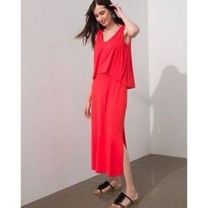 Chicos Women’s Size 3 Popover Solid Maxi Dress Red Sleeveless V Neck Slit